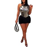 Kafiloe Women Sexy 2 Piece Outfits Clubwear One Shoulder Metallic Bodysuit Top Night Party Club Mini Skirt Set
