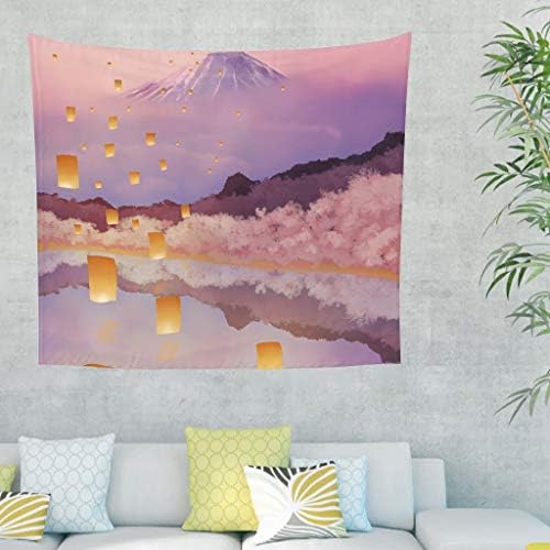 Beautiful Mount Fuji Wish Lanterns Art Tapestry Japanese Forest Lake Nature Landscape Wall Hanging Tapestry Tradition Folklore Wall Ceiling Dorm Wall Decor 230x150cm White