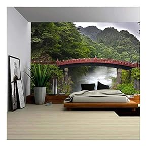 Red Sacred Bridge Shinkyo in Nikko, Japan and a Mist Rising from The River - Removable Wall Mural | Self-Adhesive Large Wallpaper - 66x96 inches