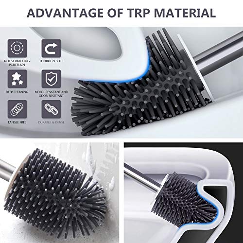 MAJALiS Toilet Brush and Holder with a Replacement Head, Modern Bathroom Silicone Toilet Bowl Brush and Holder with Tweezers - White
