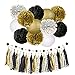 NICROLANDEE Black Gold Party Decorations - 28 PCS Black Gold Tissue Paper Pom Poms Hanging Paper Lanterns Star Garland Tassel for New Years Decoration 2025, Birthday, Prom Night, Graduation Decoration