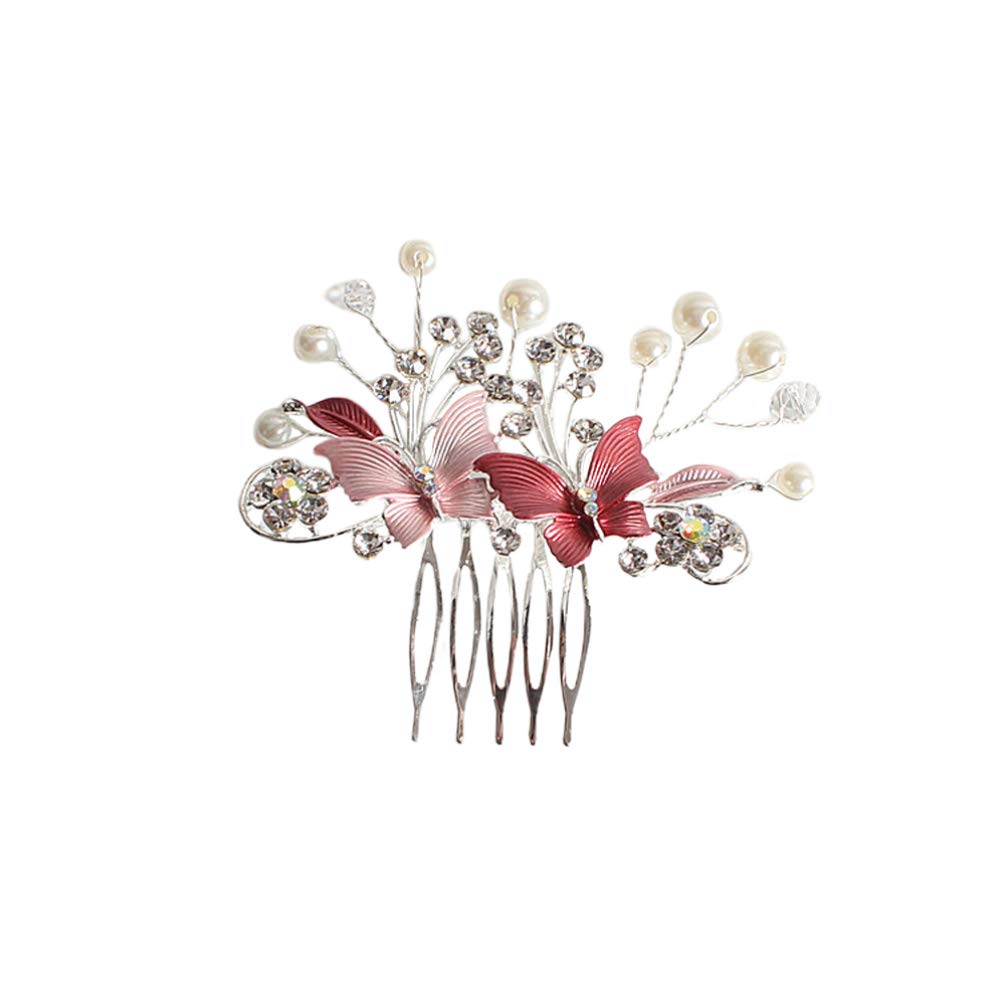 Minkissy Wedding Hair Comb, Pearl Butterfly Hair Comb Crystal Rhinestone Women Bridal Vintage Headpiece (Pink)