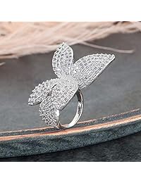 dnswez Two Finger Ring Flower Open Cubic Zirconia Sparkly CZ Silver Cluster Cocktails Enage Butterfly Statement Rings for Women Girl Adjustable Size 7-9