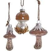 The Bridge Collection Rustic Mushroom Ornaments - Set of 3 - Glittery Toadstool Ornaments for Holiday Decor - Rustic Glam Mushroom Christmas Accents