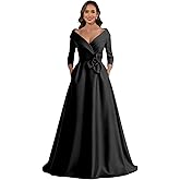 A Line Satin Mother of The Bride Dresses for Women Long Sleeve Flower Puffy Ball Gown Wedding Guest Dress with Pockets