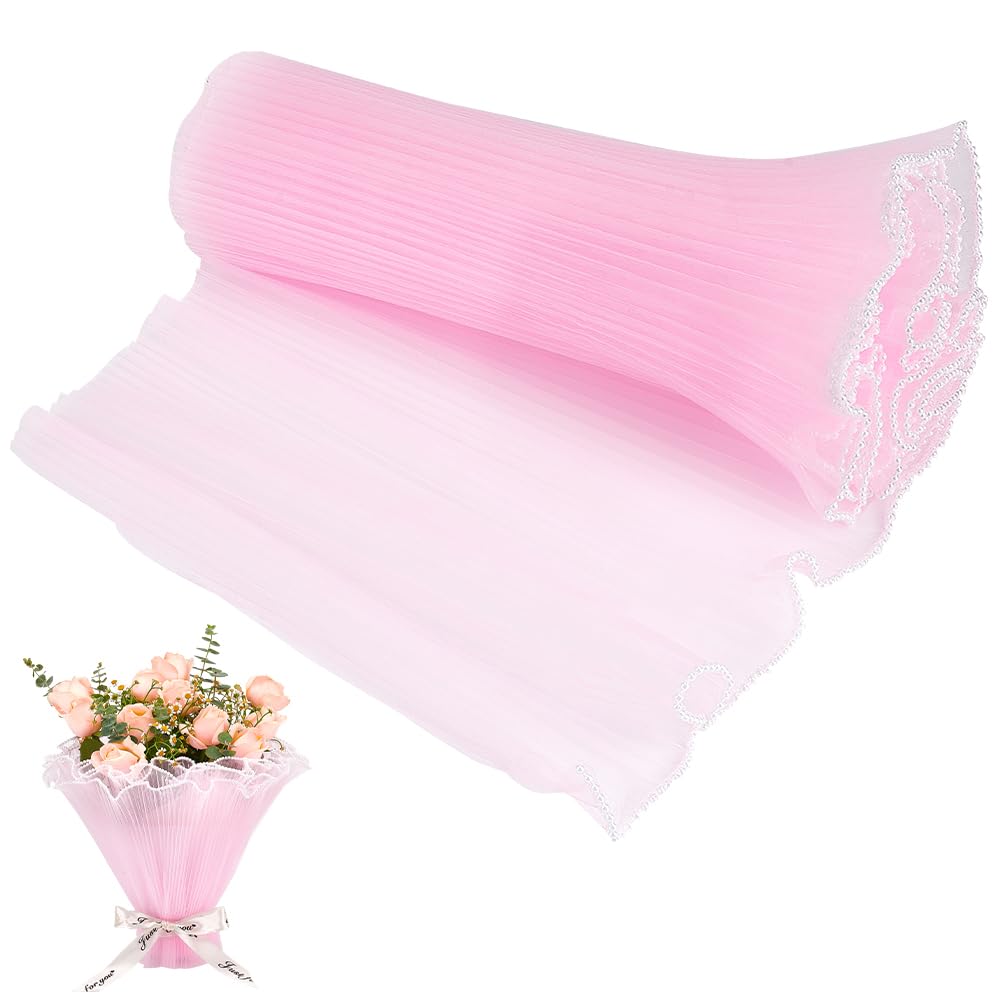 BENECREAT 4mx27.5cm Pink Flower Wrapping Paper, Pearl Edge Bouquet Floral Packaging Mesh Paper Wrinkled Wavy Net Yarn for Valentine's Day Xmas Flower and Gift Packing