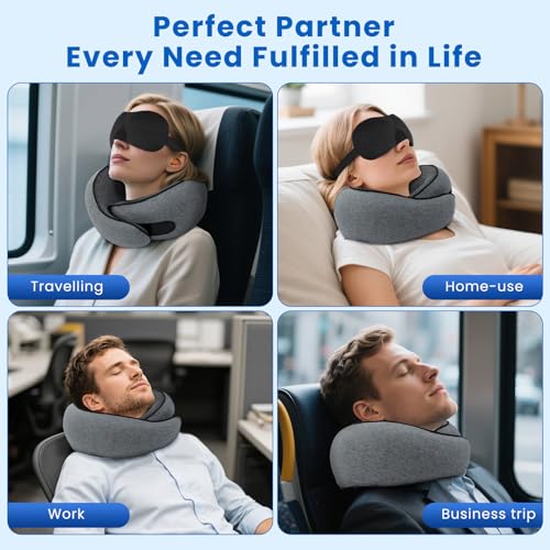 Aeroplane Neck Pillow, Support Neck Travel Pillow, Includes Storage Bag, Eye Mask, Ear Plugs, Removable Cover, Travel Pillow for Plane, Train, Car & Business Trips, Large, Dark Grey