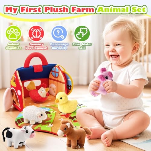 Baby Toys 6-12 Months, Plush Farm Animal Sound Toys Baby Gifts Sensory Toys for Babies Boy Girl Gift 6M+ 1 Year Old Girl Boy Newborn Gifts Toys for 1 Year Old Boys Girls Travel Newborn Toys