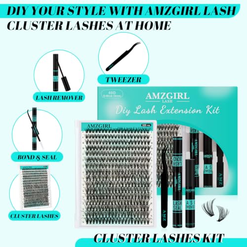 AMZGIRL Cluster Lashes Kit,40D Lash Clusters D Curl 9-16mm,320pcs Lashes | Complete DIY lash kit with 320 soft-volume 40D D curl clusters, bond & seal, remover and tweezers for balanced everyday looks