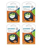 Dymo 10697 Self-Adhesive White Paper Labeling Tape for LetraTag (LT) Label Makers; 4 Blister Packs (8 Refills); Each Blister Pack with Hang Hole contains Two 1/2" Wide x 13ft Long (12mm x 4m) Refill Rolls; Black Print on White paper tape