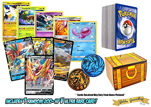 100 Pokemon Card Lot with 1 200 HP Or Higher Pokemon Sword & Shield V Ultra Rare - Foils - Rares - Coin - Includes Golden Groundhog Treasure Chest Box!