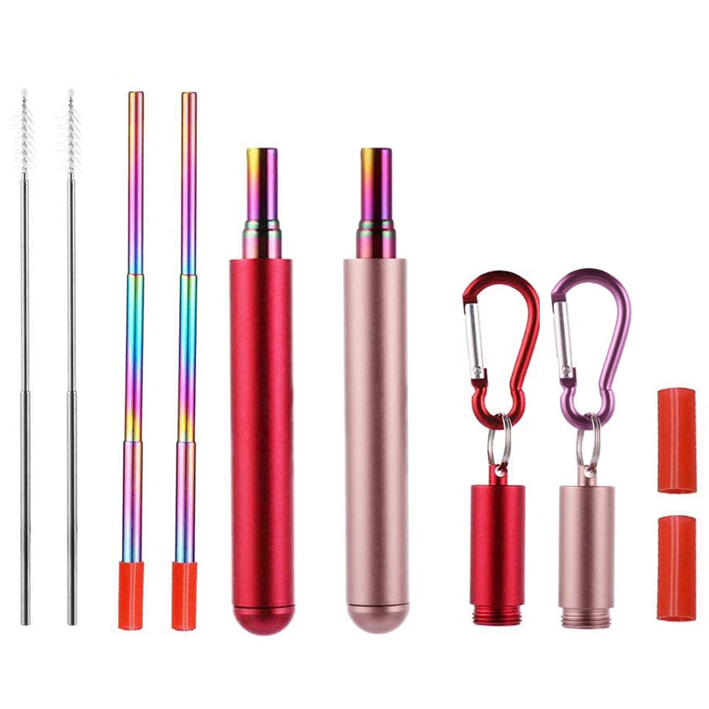 RZJZGZ 2 Pack Telescopic Reusable Straw, Collapsible Stainless Steel Straws, Portable Metal Drinking Straws with Aluminum Key-Ring Case & Cleaning Brush for Travel, Home, Work (Red and Rose Gold)