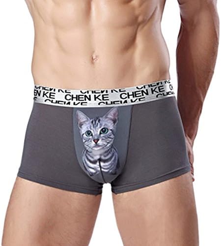 SAKUYV Men's Cat Animal Print Stretch Underwear Bulge Pouch Boxers Briefs Underpants Valentine's Gift (L=31-33 Waist, Gray)