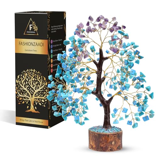 FASHIONZAADI Natural Turquoise and Amethyst Gemstone Tree For Feng Shui Bonsai Money Trees Chakra Balancing Stone Good Luck Crystal Home Decoration Table showpiece size 10-12 inch (Golden Wire) — image 1