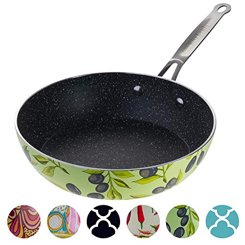 Decorative Green Non Stick Frying Pans Wok - Deep Skillets Induction Ready Hard Anodized Granite Marble Stone Coating Pan 9.5 inch for Cooking ,Baking on Stove or Oven with Stainless Steel Handle - Thumbnail 6