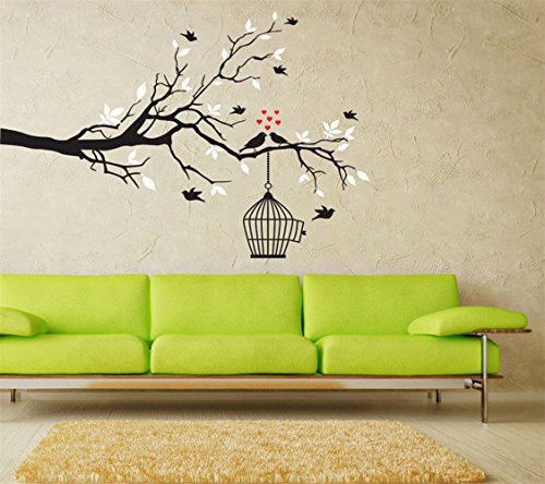 Tree branch wall sticker- white leaves, birdcage, birds…