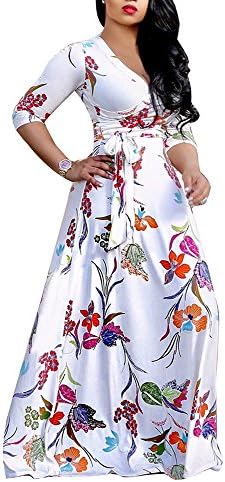 Women's Casual Floral Printed Long Sleeve Floor Length Party Maxi Dresses V-Neck with Belt