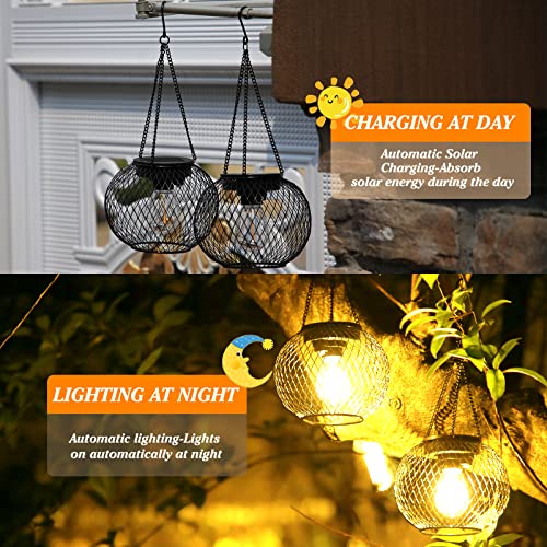 KagoLing Solar Lights for Outdoor Hanging, Pack of 2 Metal Solar Lantern with Retro Large LED Bulb, IP65 Garden Decoration, Weatherproof, Solar Lights Garden with Hook and Chain for Patio, Lawn, Balcony, Yard