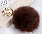 Cy3Lf Gold Plated Keychain Cute Genuine Rabbit Fur Ball Pom Pom Keychain for Car Key Ring Handbag Tote Bag Pendant Charm Brown