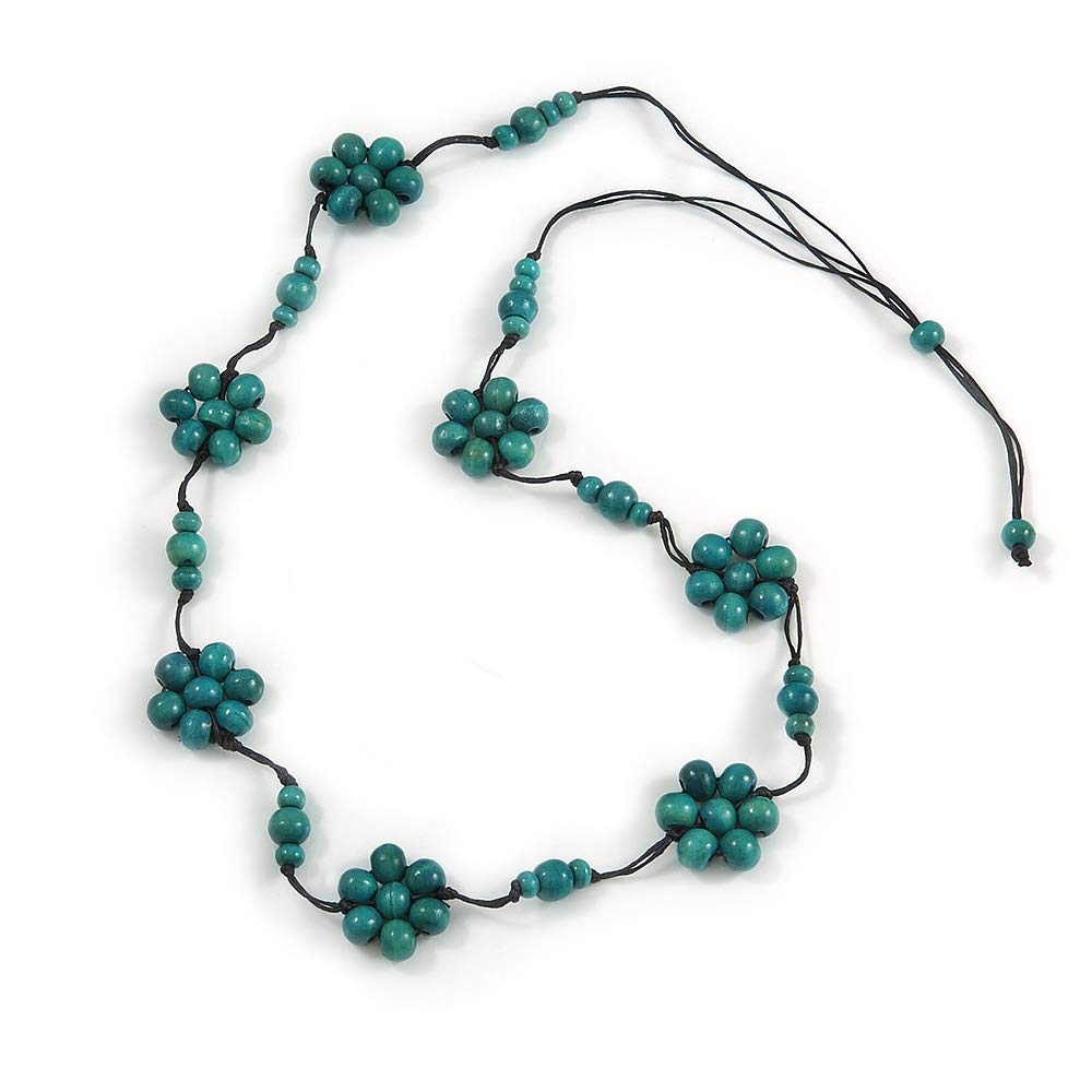 Avalaya Stunning Teal Wood Flower Black Cotton Cord Long Necklace - 90cm L