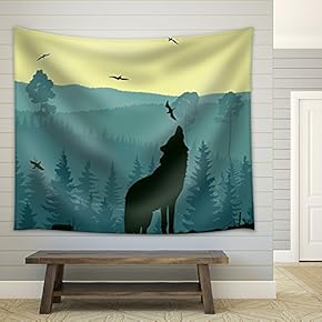 Horizontal Abstract Banners of Wild Animals (Deer, Wolf) in Hills of Forest with Trunks of Trees in Green Tone. - Fabric Wall Tapestry Home Decor - 51x60 inches