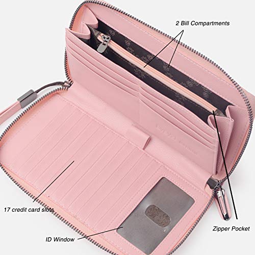 Women RFID Blocking Wallet Leather Zip Around Phone Clutch Large Travel Purse Wristlet (Pink)
