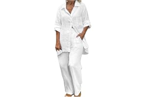 Lmdudan Women's Cotton Linen Two Piece Work Suits Summer Ladies Oversized Tops and Pants Sets Dressy Casual Solid Outfits