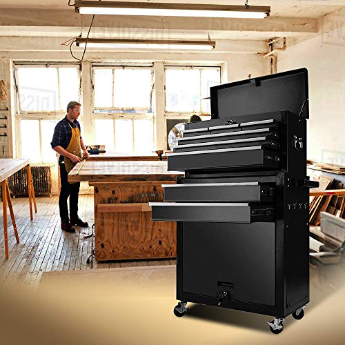 Big Removable Tool Chest, Rolling Tool Chests with Wheels (2PCS Lockable) and Drawers, Top Tray and Bottom Cabinet Door with Keyed Locking System, for Garage, Warehouse, and Workshop, etc(Black)