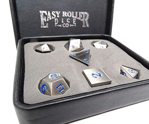 Legendary Silver Metal Polyhedral Dice Set with Electric Blue Signature Font | 7 Piece | Professional Edition | Free Display Case | Hand Checked Quality Control