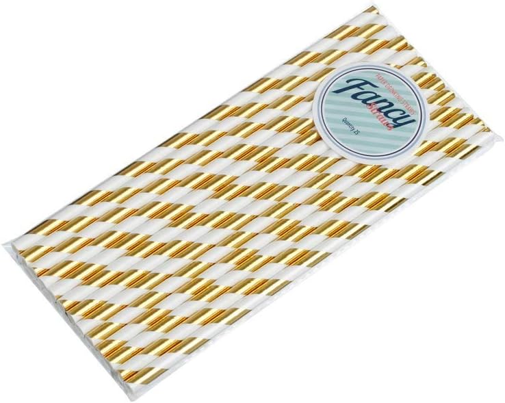 50 Pack - Shiny Gold and White Stripe - Paper Drinking Straws - Great for Parties - Free Delivery