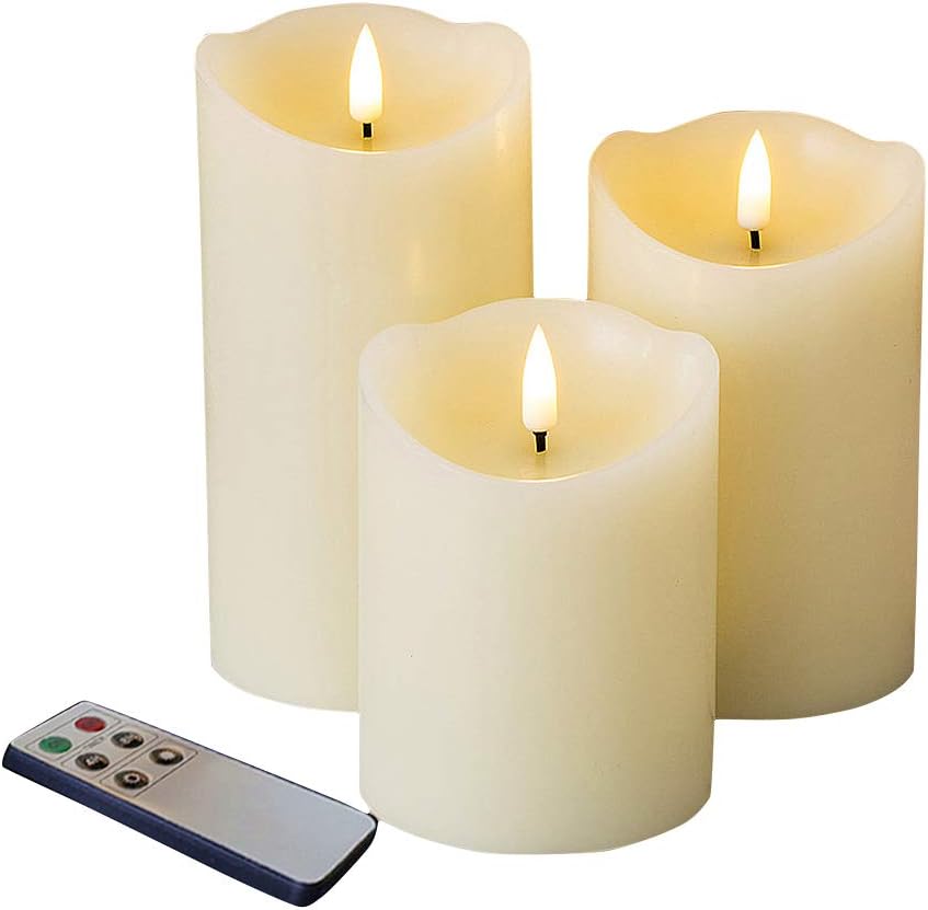 Lighting - Eywamage Ivory Flameless Pillar Candles with Remote, Flickering Realistic Wax LED Battery Candles Set of 3, Φ 3