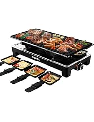 CUSIMAX Raclette Grill Electric Grill Table, Portable 2 in 1 Korean BBQ Grill Indoor & Cheese Ractlette, Reversible Non-stick plate, Crepe Maker with Adjustable temperature control and 8 Paddles