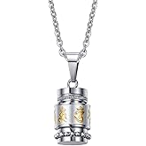 Rockyu Cylinder Ashes Necklace for Men Stainless Steel Gold and Silver Prayer Wheel Pendant Buddhism Mantra Cremation Urn Jewelry Keepsake 20 Inch Chain