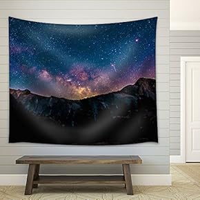 Colorful Nebula on Starry Night Sky Over Mountain - Fabric Wall Tapestry Home Decor - 51x60 inches