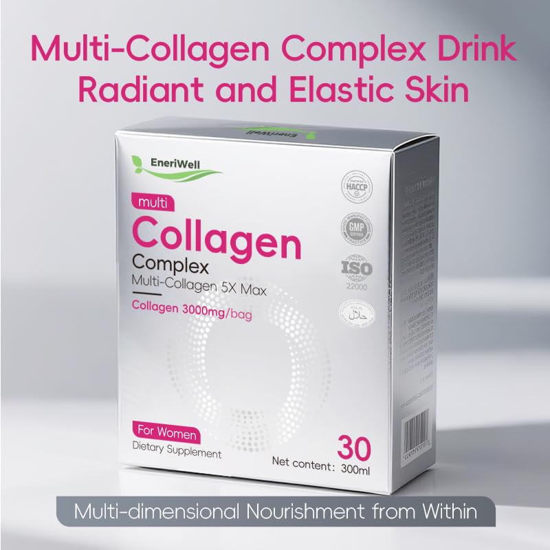 EneriWell Multi Collagen Supplements for Women, Men, 3000mg Hydrolyzed Bovine Collagen Peptides with Type 2, Biotin Vitamins C, Glow up for Skin, Hair, Nails & Joints, Halal, Liquid, Travel 30 sachets