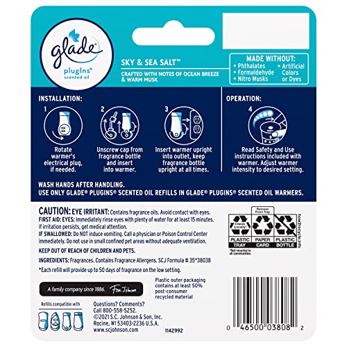 GLADE PLUGINS REFILLS AIR FRESHENER, SCENTED AND ESSENTIAL OILS FOR HOME AND BATHROOM, SKY & SEA SALT, 1.34 FL OZ, 2 COUNT