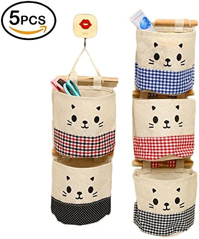 Wheelsp 5 Pcs Linen Cotton Cute Over Door Organizer,Wall Door Closet Hanging Storage Bag Case Home Organizer(5.7x3x5.3inch) (5)