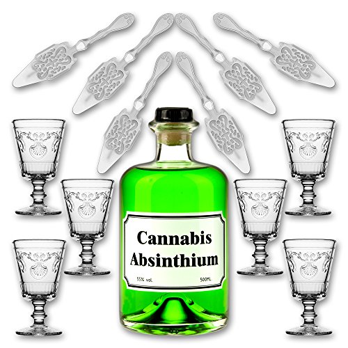 Cannabis Absinthium 0,5l - 55% vol. Alc. + 6x Absinth Glas"Versailles" 200ml + 6x Absinth Löffel"Antique"