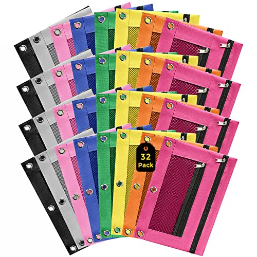 32 Pack Pencil Pouch for 3 Ring Binder, Pencil Pouch Bulk in Assorted