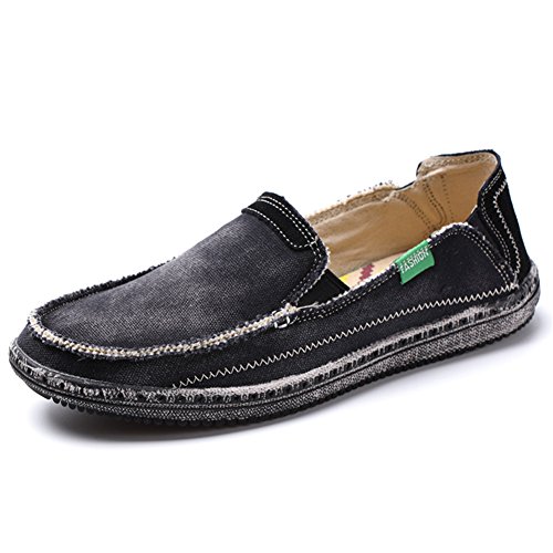 SANBANG Men's Slip-On Loafers Flat Canvas Boat Shoes for Driving Walking Weeding Outdoor (10.5 D(M) US, Black)