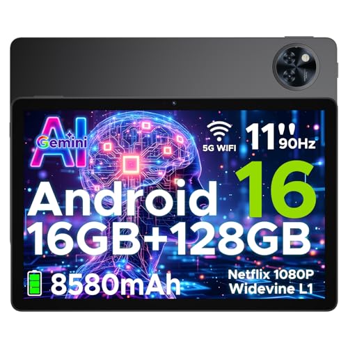 U11 Android 16 Tablet 11 Pollici Gemini AI 16GB RAM +128GB ROM (2TB TF) 8580mAh Gaming Tablet Unisoc T7200 Octa-Core 13MP+5MP Tablets PC WIFI 5/ GMS/ WidevineL1/ 3.5mm Audio/GPS/Face ID/OTG,Nero