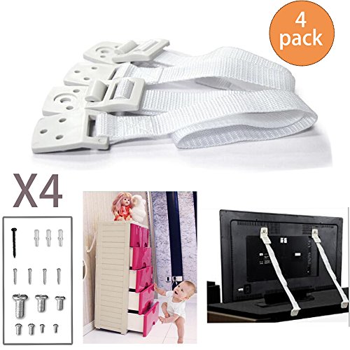 Anti Tip Straps TV & Furniture Safety Wall White Baby Childproofing Drawer,Flat Screens, Earthquake,Television Antitip (4Pack)