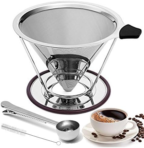 Pour Over Coffee Maker Quality 4 Cup Pour Over Reusable Coffee Filters Stainless Steel Cone Dripper with Stand And Bonus Spoon
