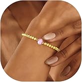QILMILY Gold Bracelets for Women - 14K Gold Plated Dainty Elastic Birthstone Bracelets for Women Gold Jewelry Bead Bracelet Gifts Christmas Stuff for Teen Women Friendship Bracelet