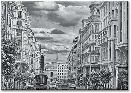 Digital painting Canvas Spain Madrid Gran Via Black and White decor 40x28 in