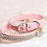 Leegoal Sparkly Crystal Heart Shape Pendant PU Leather Pet Collar for Dogs Cats (Pink,M Size)