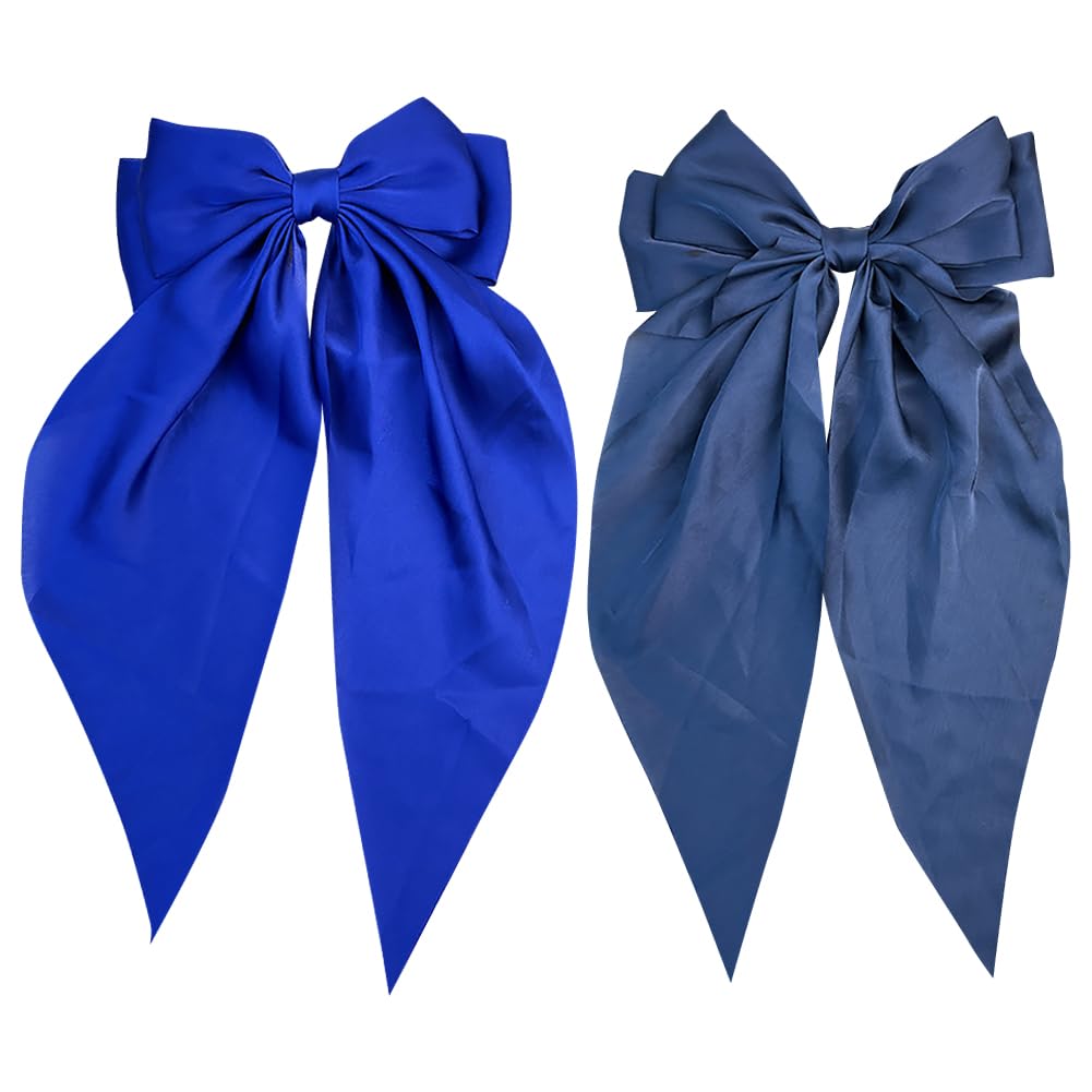 JIHUOO 2 Pcs Big Satin Hair Bow Clips Large Layered Hair Bows Ribbon Hair Barrettes Soft French Hair Bows Ribbon Bowknot Hair Clips for Girls Women Royal Blue and Navy Blue — image 1