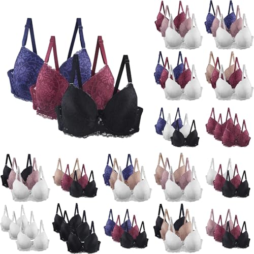 Bras for Women Non Wired Bras for Women, 3PC Soft Retro Lace Push Up Bralettes Full Coverage Bra Soft Cups Floral Lace Women with Adjustable Wireless Support UK
