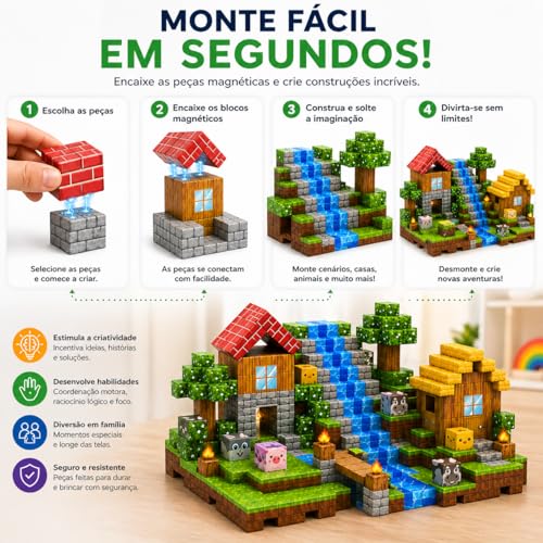 Blocos de Montar Magnéticos 72 Peças Infantil – Kit Construção Criativa 3D Educativo, Estimula Coordenação, Imaginação e Raciocínio – Brinquedo Interativo para Crianças