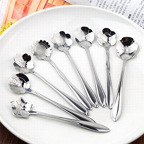 Rumfo Set of 8 Flower Coffee Spoon Tea Spoon Dessert Spoons Scoop Stainless Steel Tableware Stirring/Sugar/Stir/Bar/Mixing/Ice Cream Spoon for Kitchen Dining Bar, Condiment or Spice (Silver) - Thumbnail 6